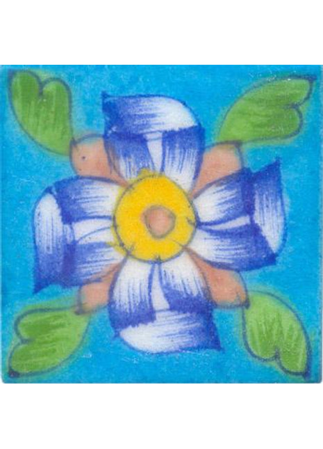 Blue and green flower on turquoise tile