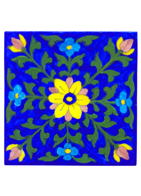 Yellow,brown flower and green leaves with blue tile