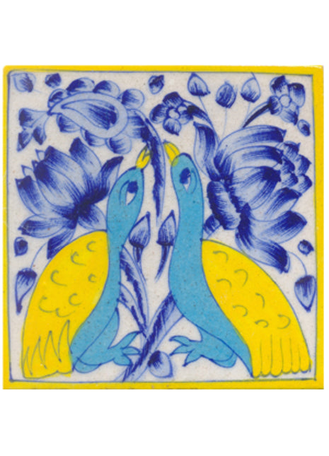Turqouise and yellow peacock and lime blue flower with white tile