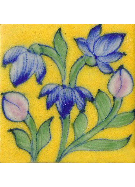 Blue Flowers With Green Leaves On Yellow Base Tile