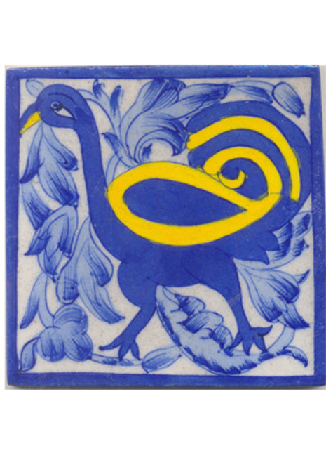 Blue and yellow peacock and lime blue leaves with white tile