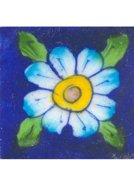 Blue Tile with Turquoise & Green Flower