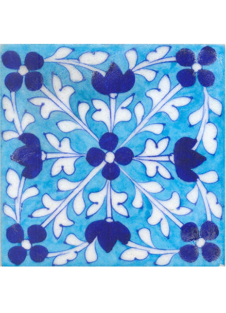 Blue, White, and Turquoise Floral Design Pottery Tile