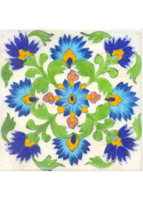 Blue,turqouise flower and lime green leaves with white tile
