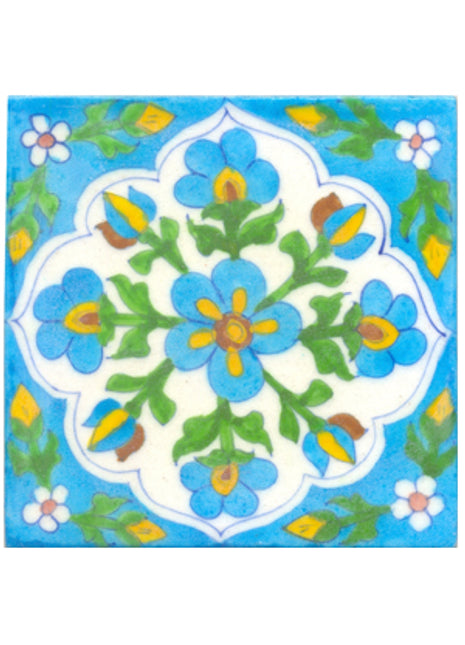 Turqouise,yellow and brown flower's and green leaves with white tile