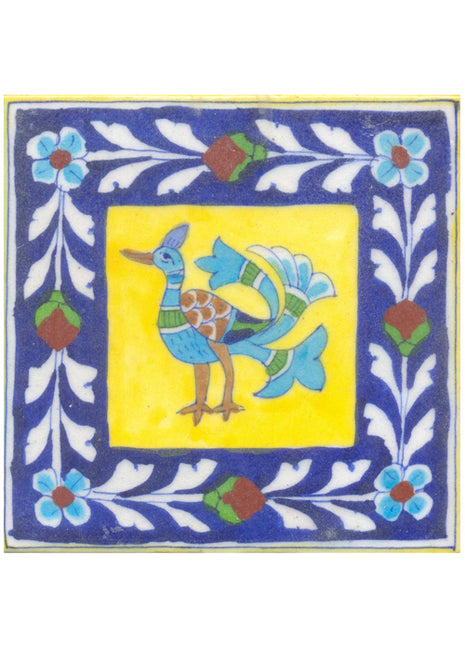 Turqouise,brown peacock and blue border and white leaves with yellow tile