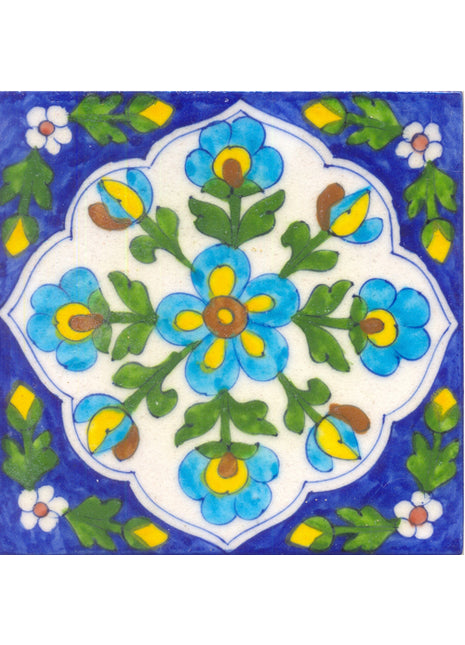 Turqouise,yellow and brown flower's and green leaves with white tile.
