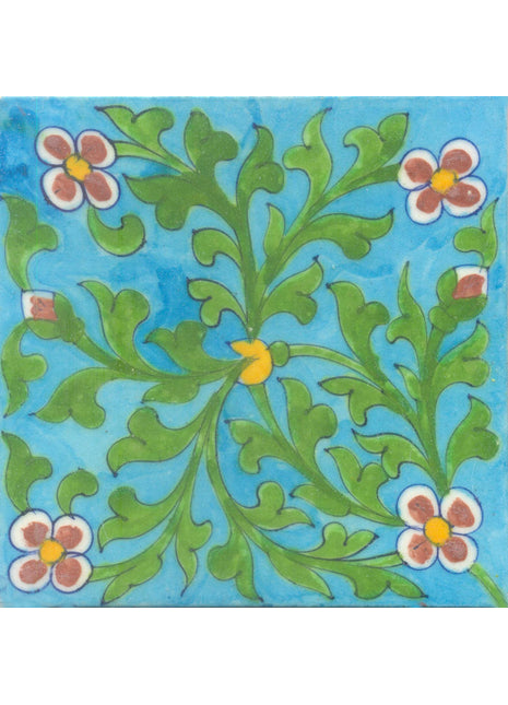 Red Flowers and Green leaf with Turquoise Base Tile
