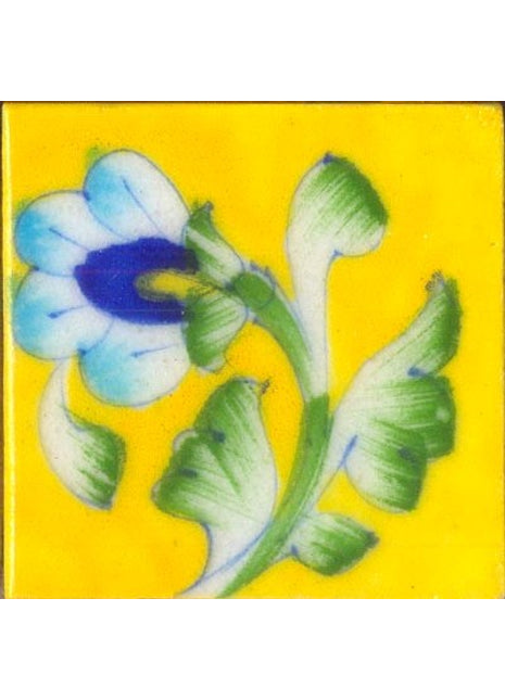 Yellow tile with turquoise flower and green leaves 2x2 inch