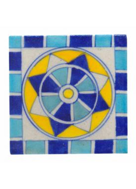 Yellow round pattern with blue & turquoise on bordered tile 4x4