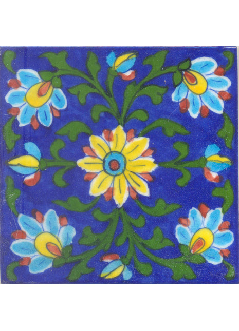 Turquoise,Yellow and REd Flowers and Green leaf with Blue Base Tile