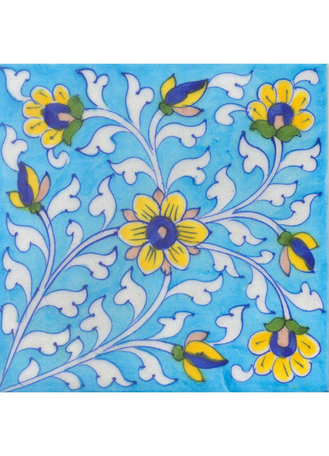 Yellow and Blue Flowers and White leaf with Turquoise Base Tile