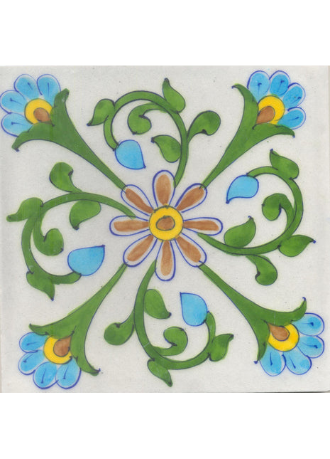 Turquoise,Yellow and REd Flowers and Green leaf with White Base Tile