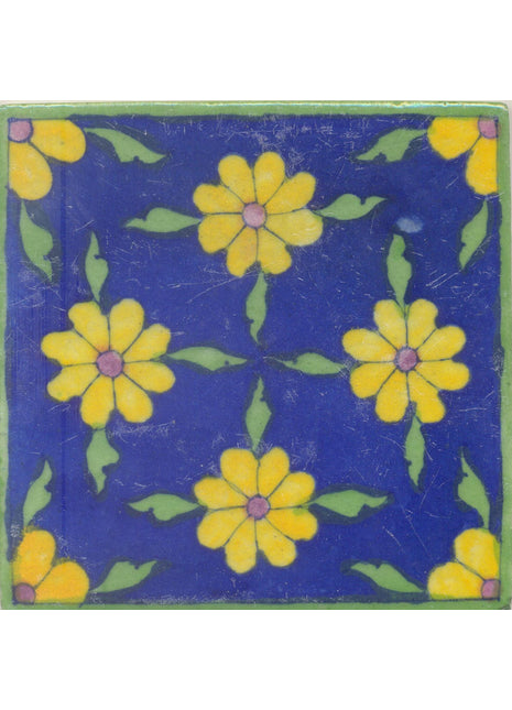 Yellow and Pink Flowers and Green leaf with Blue Base Tile