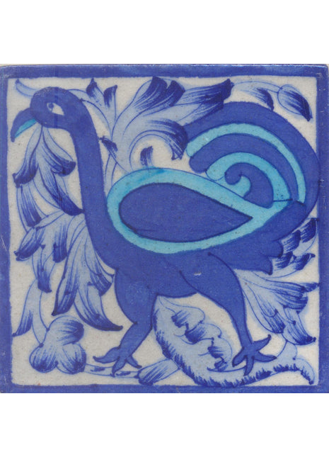 Blue and Turquoise Peacock and Light Blue leaf with White Base Tile