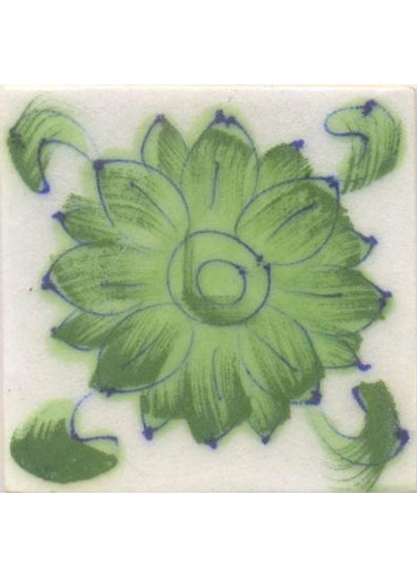 Green Flower and Green leaf with White Base Tile 2x2 inch