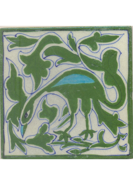 Green and Turquoise Peacock and Green leaf with White Base Tile