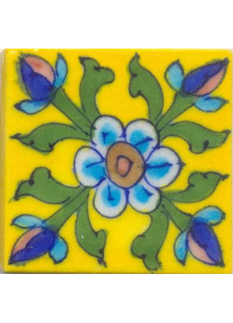 Blue,Brown,Turquoise Flower with Yellow Base Tile