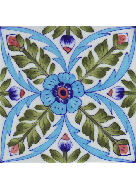 Lime Green Leafs and Turquoise,Brown,Blue Flowers with White Base Tile
