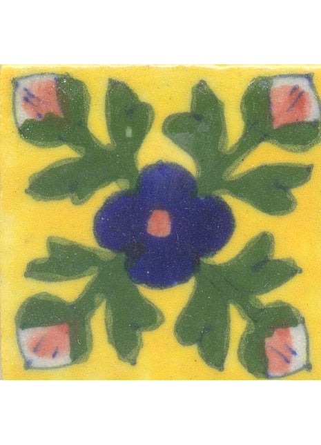 Blue Flowers With Green Leaves On Yellow Base Color