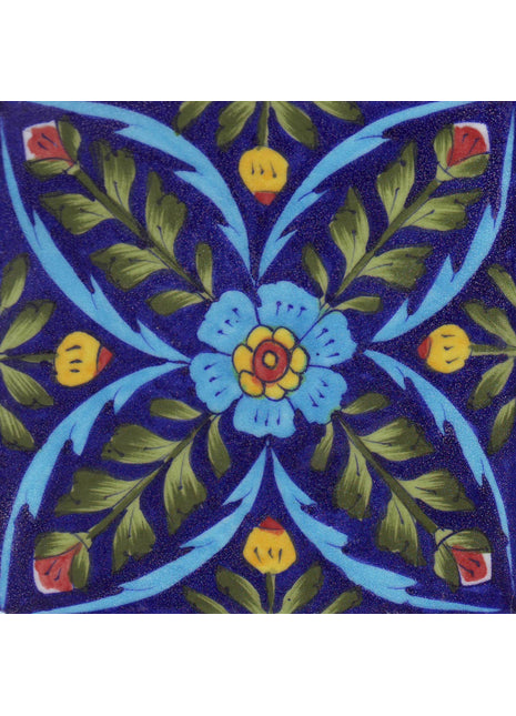 Lime Green Leafs and Turquoise,Brown,Blue,Yellow Flowers with Blue Base Tile
