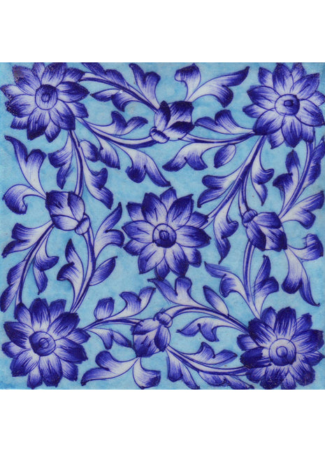 Blue Shading Leaf and Flowers with Turquoise Base Tile