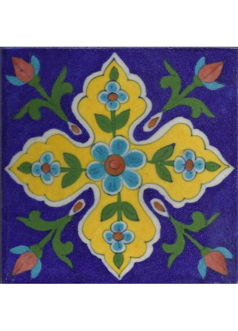Blue and Yellow Base with Green leaves Turquoise Flower tile