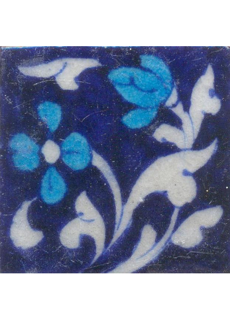 Turquoise Color Flowers With white Leaves On Blue Base Tile