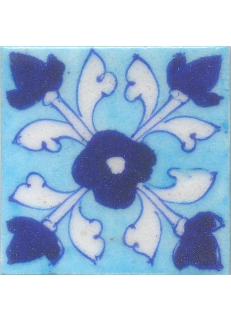 Blue Flowers With White Leaves On Blue Base Tile