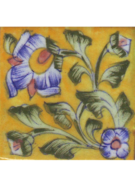 Yellow tile with blue& green flower (3x3-05)