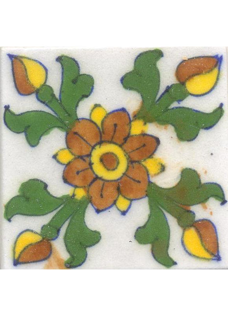 Red and Yellow Flowers With Green Leaves On White Base Tile