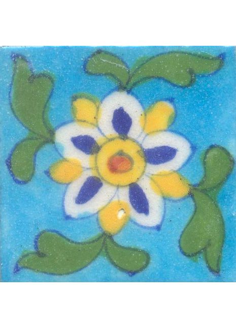 Blue,White and Yellow Flowers With Green Leaves On Turquoise Base Tile