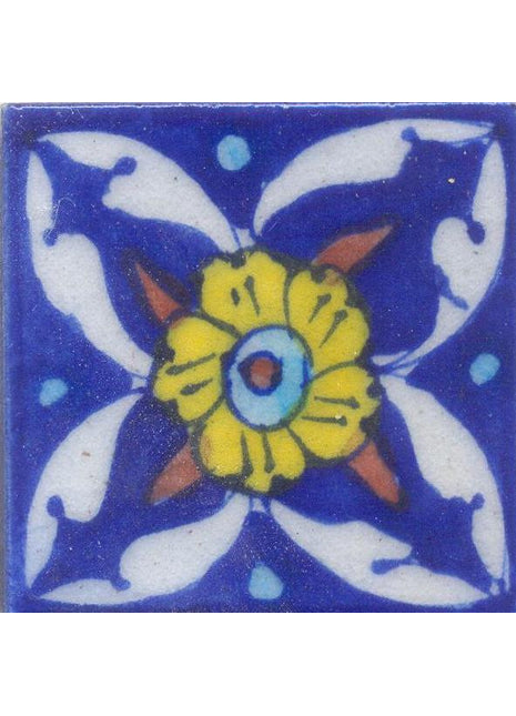 Yellow Flowers and White Pattern On Blue Base Tile