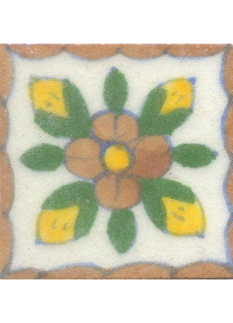 Brown Flower With Green Leaves On White Base Tile
