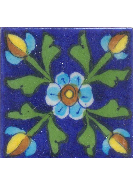 Turquoise Flowers With Green Leaves On Blue Base Tile
