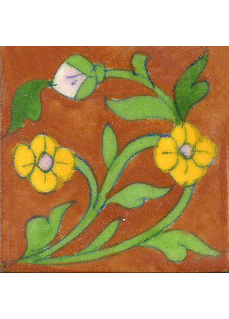 Yellow Flowers With Green Leaves On Brown Base Tile