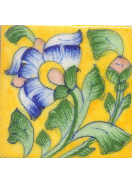 Yellow tile with blue & green floral (3x3-bpt06)