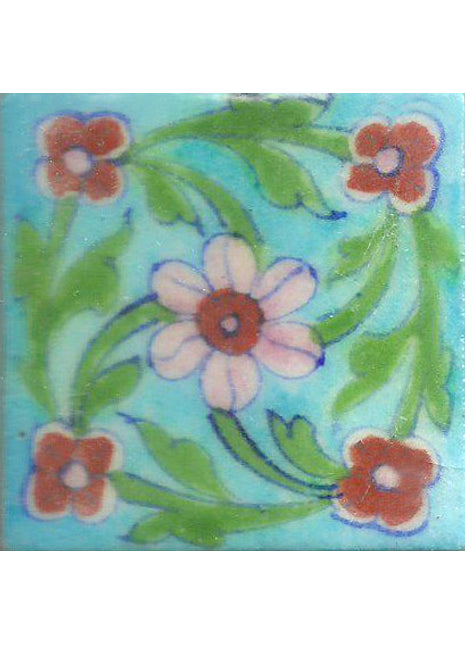 Handpainted Kitchen Green Leaves On Turquoise Base Tile