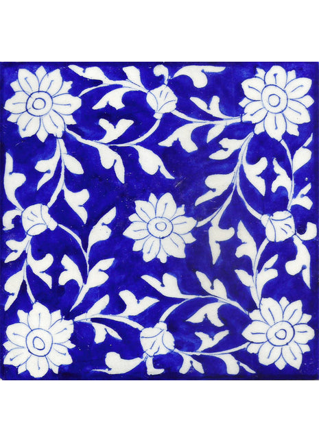 White Flowers With Leaves On Blue Base Tile