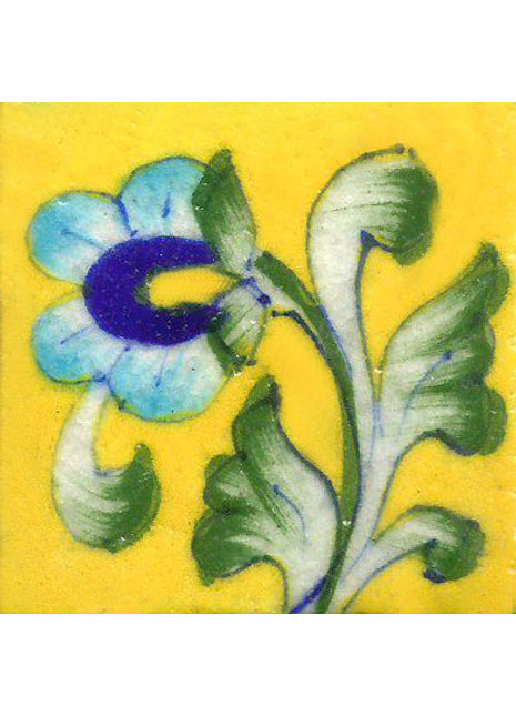 Turquoise and Blue Flower With Green Leave On Yellow Base Tile