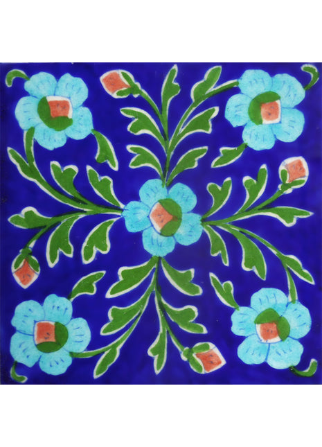 Turquoise Flowers With Green Leaves On Blue Base Tile