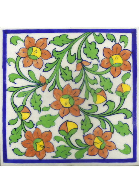 Orange Flowers With Green Leaves On White Base Tile and Blue Border