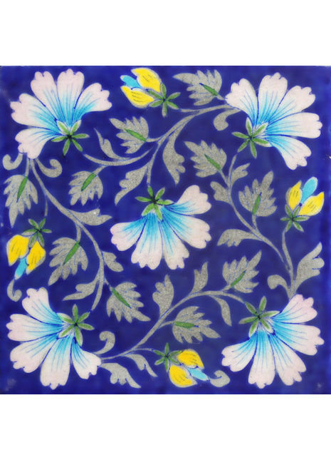 Turquoise Flowers and Green Leaves On Blue Base Tile