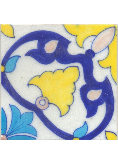 Blue, yellow & turquoise flowers on white tile