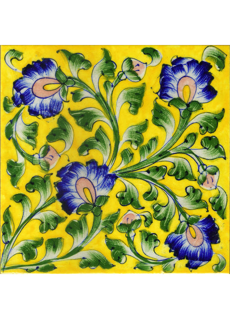 Blue Flowers With Green Leaves On Yellow base Tile