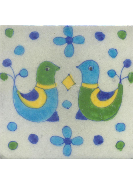 Handpainted Two Cute Little Bird Blue Pottery Wall Tile