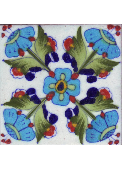 Luxury Kitchen Backsplash Floral Leafy Design Blue Pottery Tile