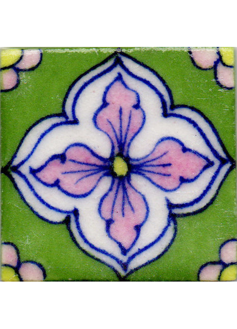 Pink Flower Design On Green Base Tile