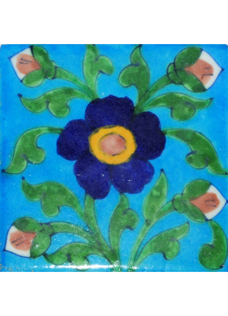 Blue and Yellow Flower with Green Leaf on Turquoise Base Tile (4x4)