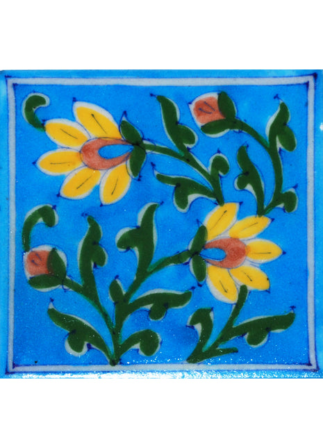 Yellow Flower,Green leaf with Turquoise Base Tile (4x4)